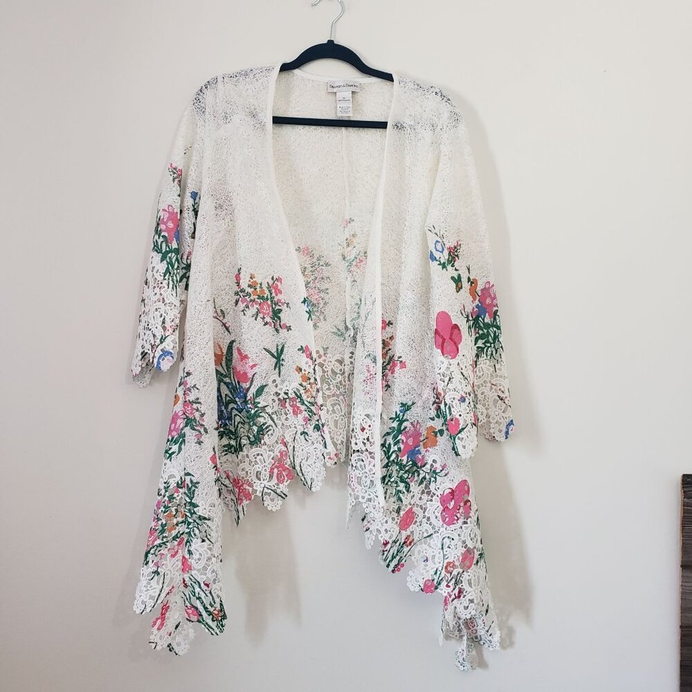 Drapers & Damons Floral Lace Asymmetrical Open Cardigan Womens XL Cottagecore‎